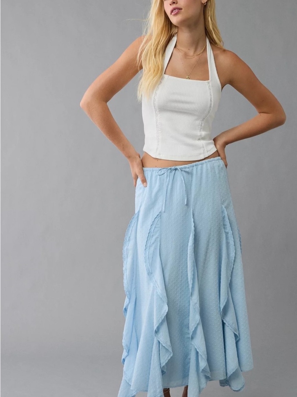 American Eagle Outfitters Light Blue Maxi Skirt with Ruffle Panels